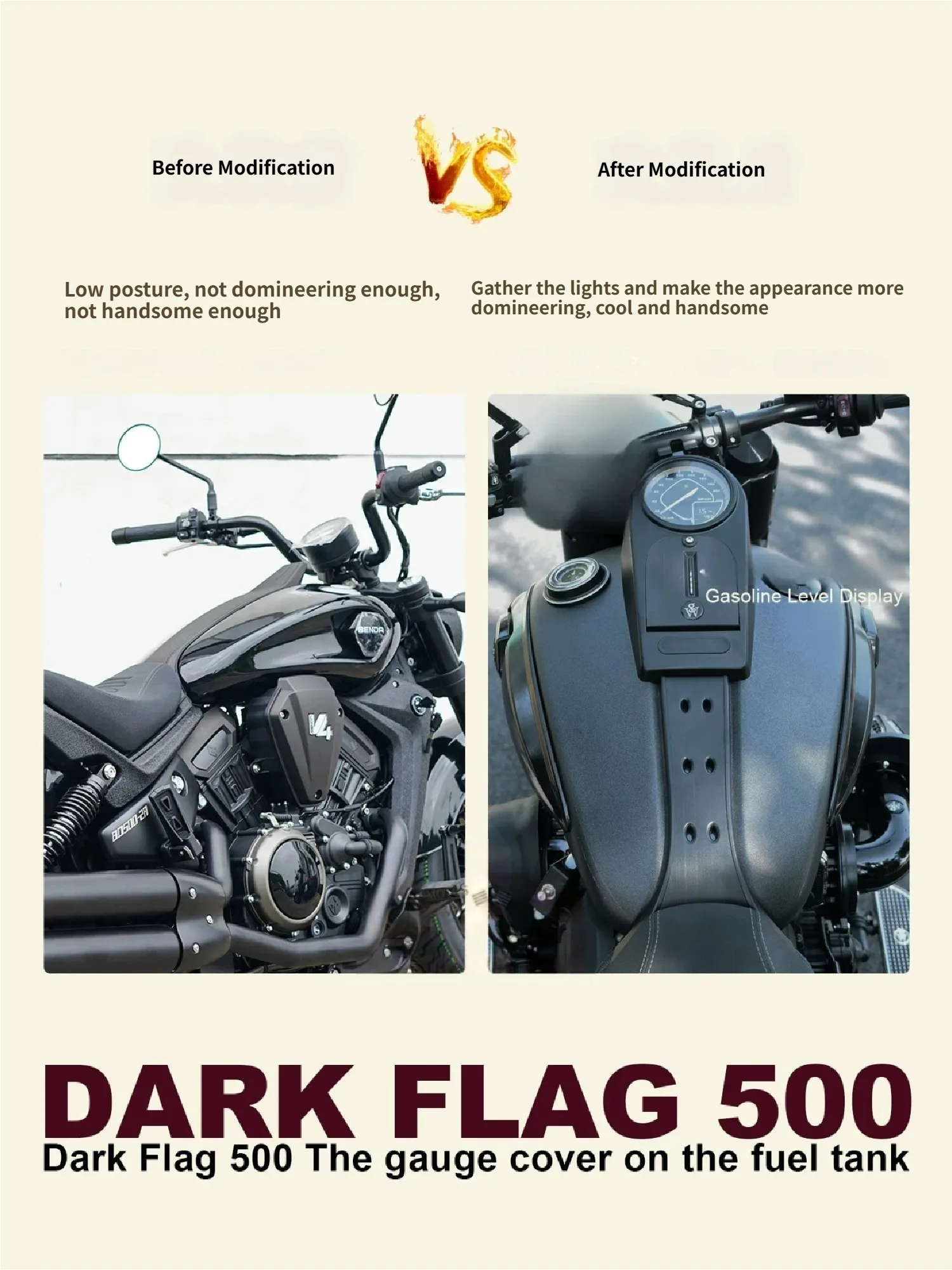 

Brushed Fuel Tank & Instrument Cover, Widened Side Fairing, Easy No-Drill Installation Parts for Benda Black Flag 500
