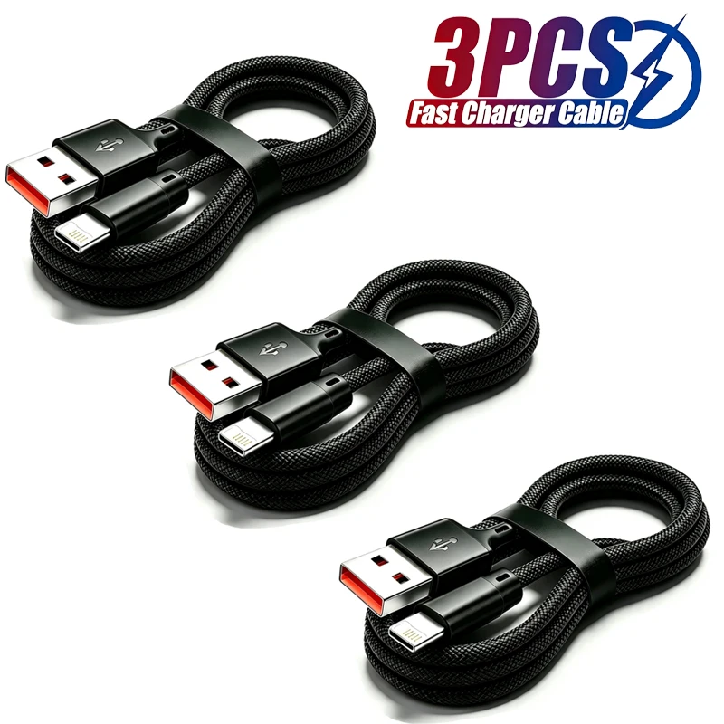 3PCS USB Cable For iPhone 14 13 12 11 Pro Max X XR 6s 7 8 Plus 1m 2m Lead Mobile Phone Fast Charging Cord Data Charger Wire