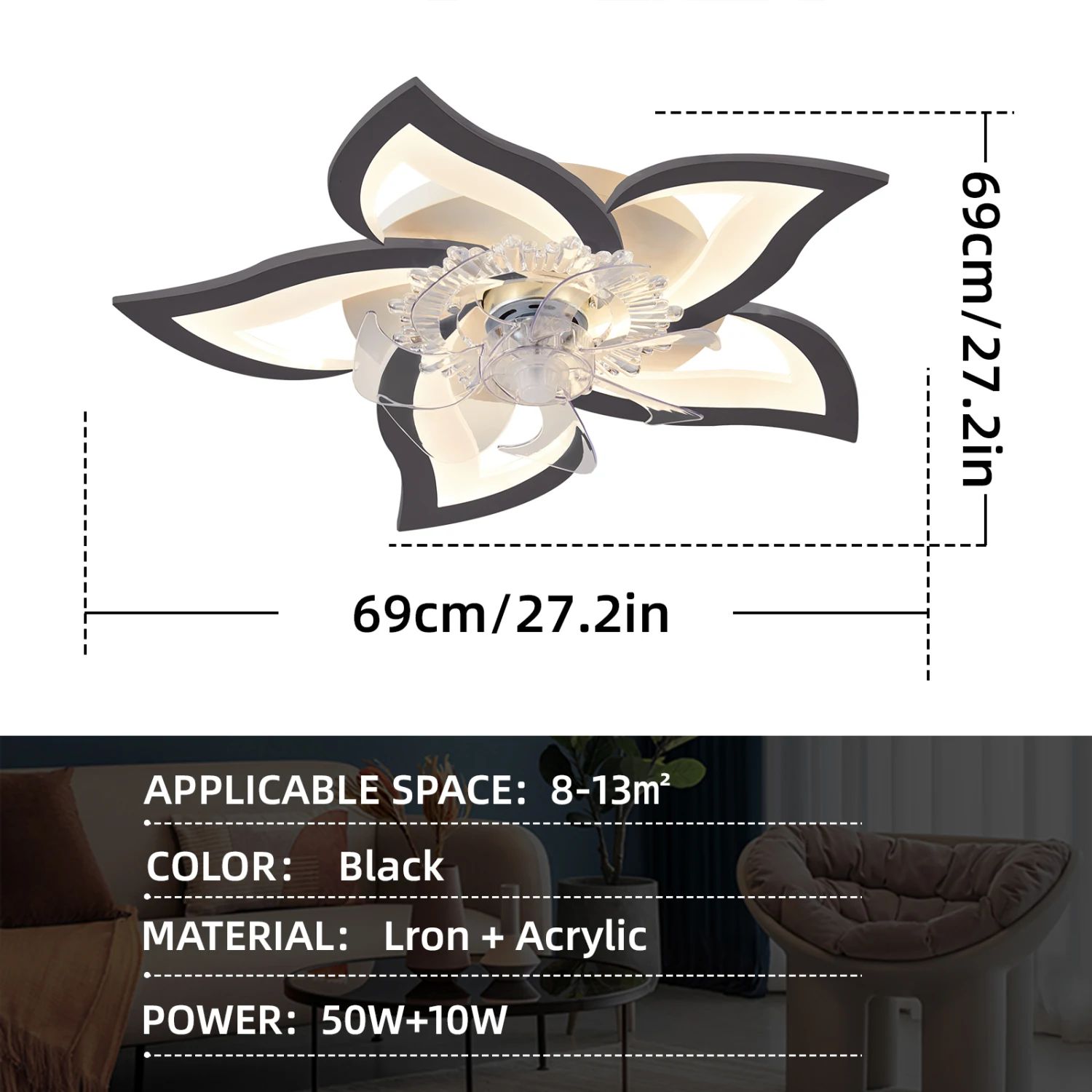 

27In Ceiling Fan with Lights Remote Contro Dimmable LED,6 Gear Wind Speed Fan Light