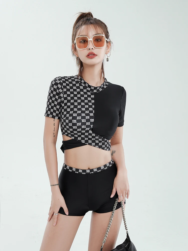 

Женский купальник-бикини Margery с высокой талией, утягивающий, скрывающий живот, с винтажным цветочным принтом, короткими рукавами и завязками на талии, для отпуска