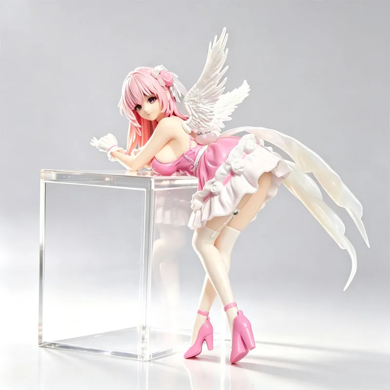 Anime Pink Hair Angel Girl Slump Pose Figure Pink Dress Wing Pvc Statue Desktop Computer Case Ornament Instant Noodle Press Toy