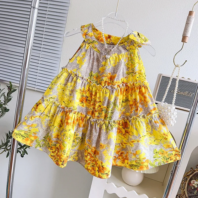 2023 Summer New Arrival Girls Sleeveless O Neck Ruffles Print Floral Yellow Roupa Infantil Menina Cute Dress Custume 18M-7T