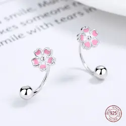 925 Sterling Silver Cherry Blossom C Type Stud Earrings for Women Sweet Flower Korean Fashion Earring Piercing Jewelry Wholesale