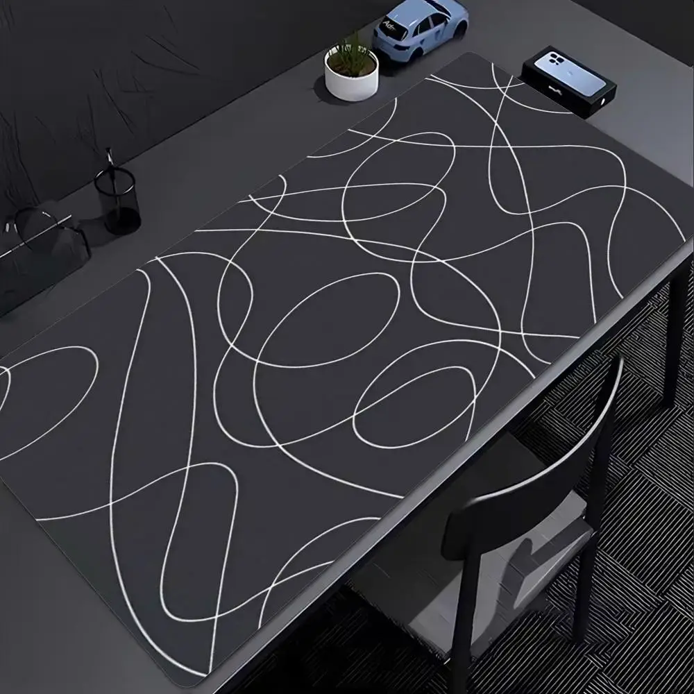 Dark Grey Curve Line Pattern Mouse Pad Large Anti-Slip Rubber Gaming MousePad Durable Stitched Edge for Office Gaming Desk Mats