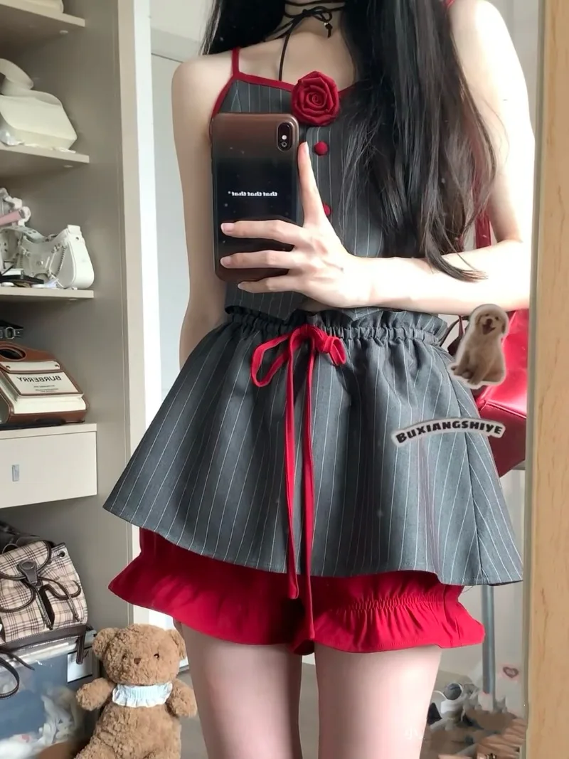 Retro Spicy Girl Stripe Camisole Vest Pantskirt Two-piece Set Lady Contrast Color Lace Up Sleeveless Collarbone Slim Summer Set