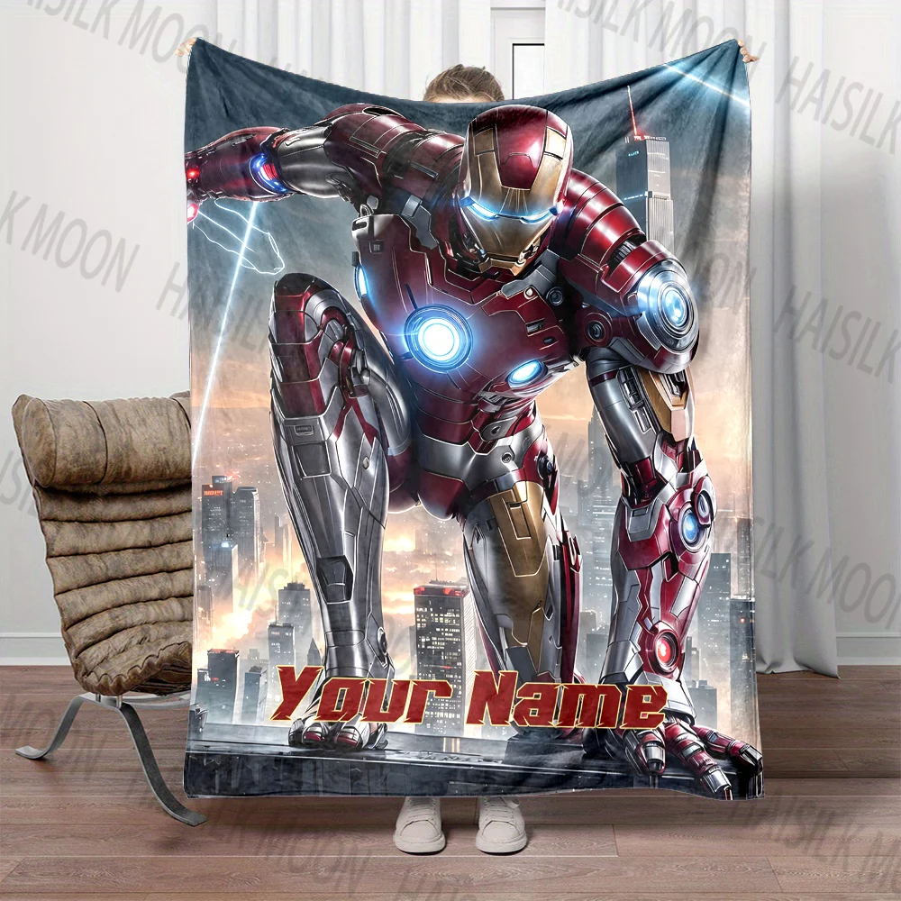 (Memo U Name)1PC Marvel Iron Man Printed Blanket Can Be Custom with Name, Soft and Warm, Suitable for Home, Office, Camping,Car