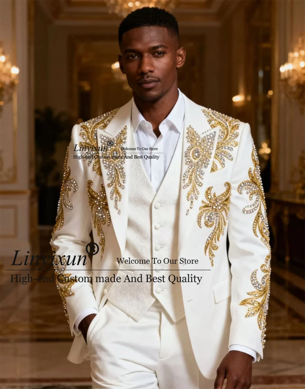 

Glitter Ornament Bead Men Suits Customized Slim Fit Wedding Tuxedos 3 Piece Sets Groom Male Blazers Jacquard Party Costume Homme