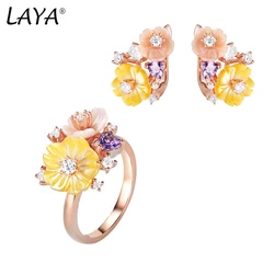 LAYA Clip Earrings Ring Sets For Women Pink Yellow Flower Shining Zircon 925 Sterling Silver Wedding Luxury Original Jewelry
