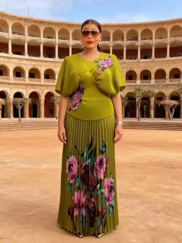 ANLAN 2025 Design Sense Moda Indústria Pesada Impresso Manga Curta Cintura Órgão Fino Plissado Emenda Vestido Impresso 2AN5106