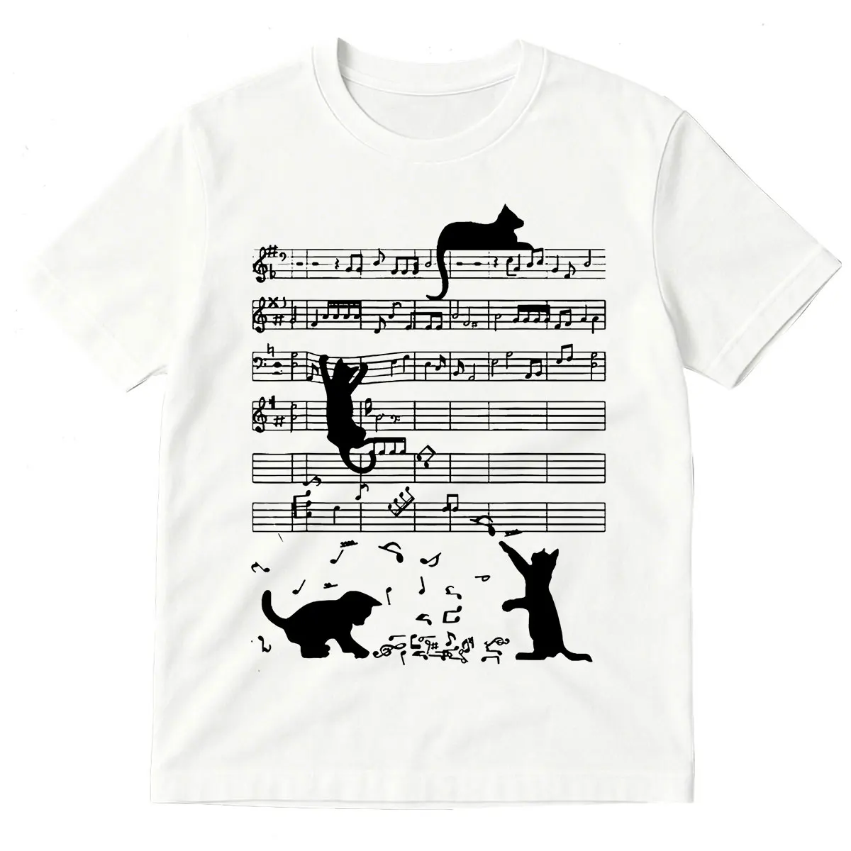 Funny Cat Playing Music Note Clef Musician Art Piano Graphic T-shirts Men Women Clothing Fashion High Quality Cotton T-shirt Top