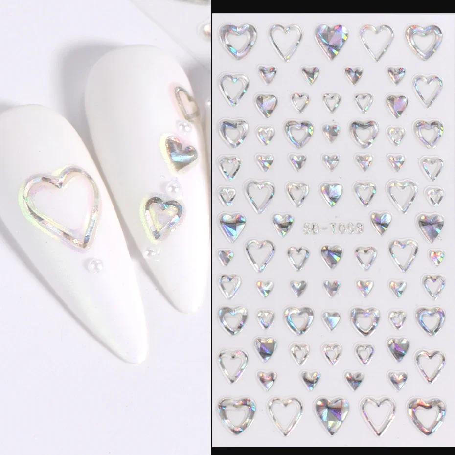 Laser Silver Heart 5D Nails Art Stickers Engraved Y2K Star Self-adhensive Nail Slider Holographic Embossed Design Decal Manicure