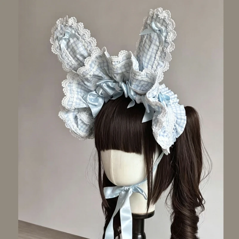  Lovely Unisex Bunnies Ear Headbands Check Pattern Rabbits Ears Hairband With Secure Tie for Role Play and Daily Wear
