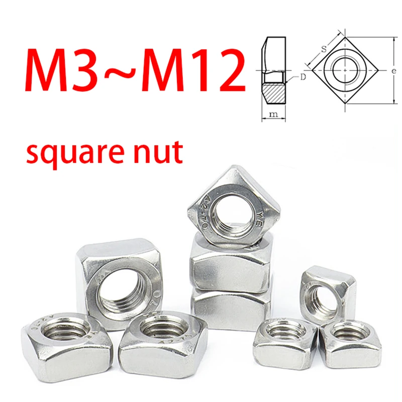 

304/316 Stainless Steel Square Nuts M3 M4 M5 M6 M8 M10 M12 Metric Nut Din557