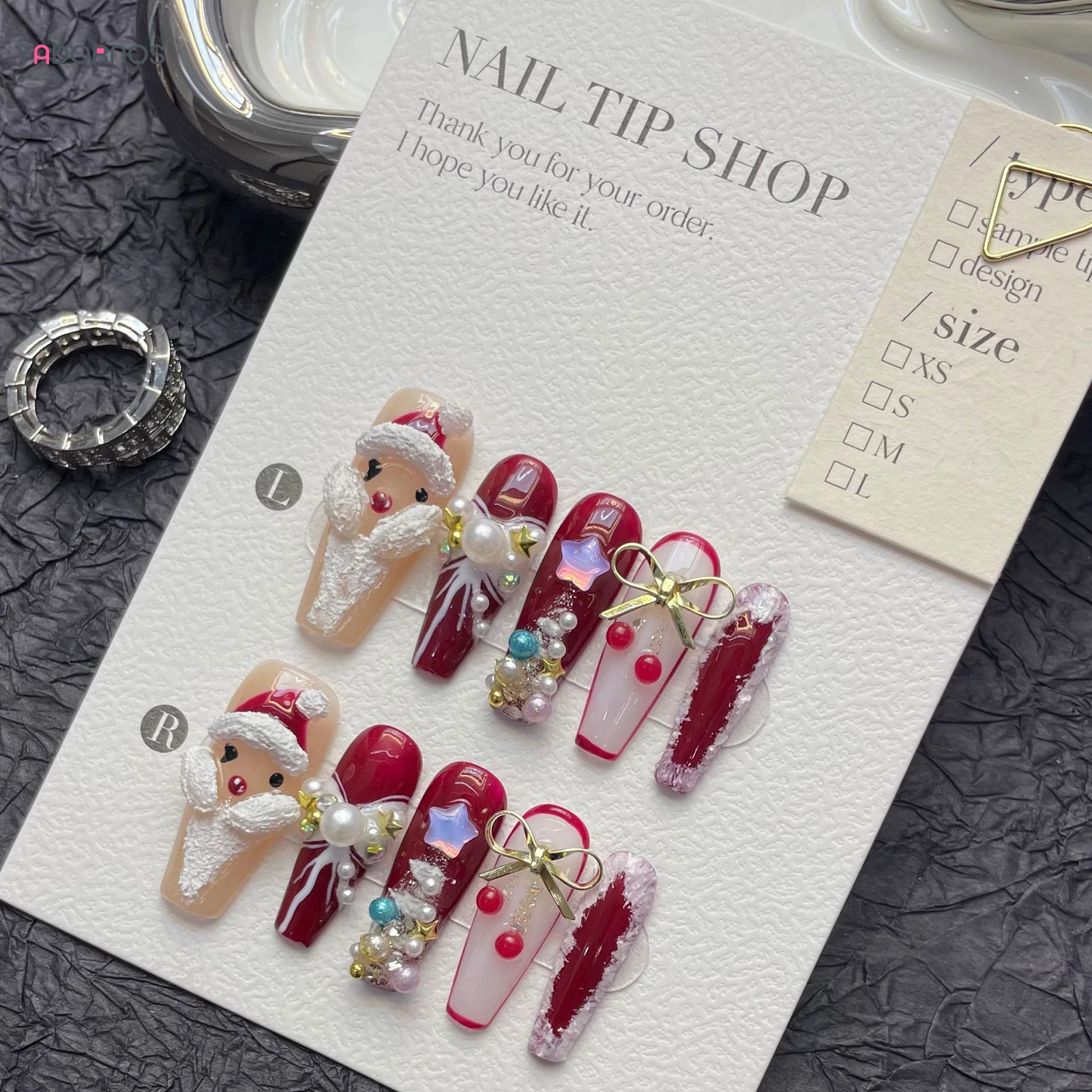 Christmas Red Fake Nails 3D Santa Claus Pearls Xmas Tree Designs Ballerina Handmade Press on Nails Women Party DIY Manicure