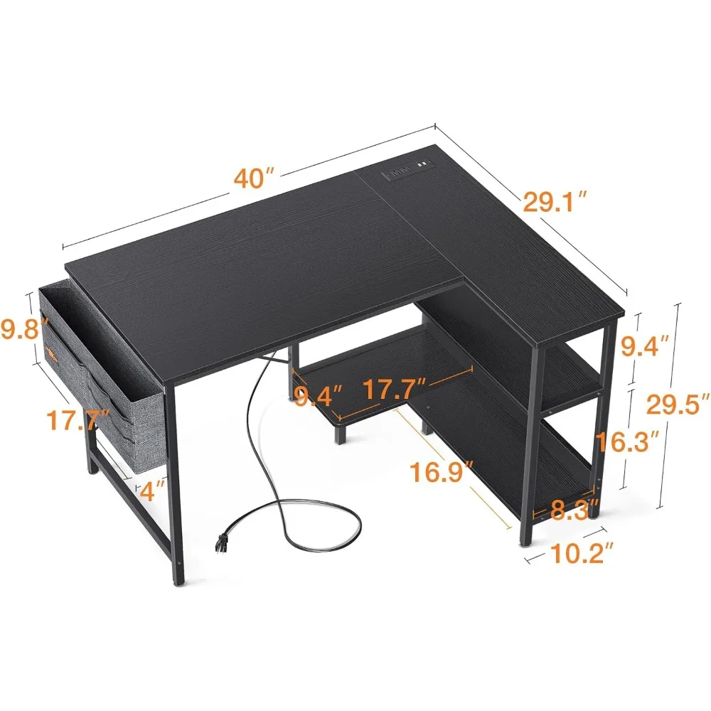 Kleiner 40-Zoll-Gaming-Computertisch in L-Form mit Steckdosen, umkehrbaren Ablageflächen und PC-Ständer für das Heimbüro, einfach W