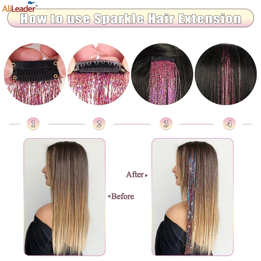 Straight Rainbow Colored Party Highlights Clip On In Hair Extensions Bling Hair Piece Synthetic Hairpieces Sparkling Tinsel Red