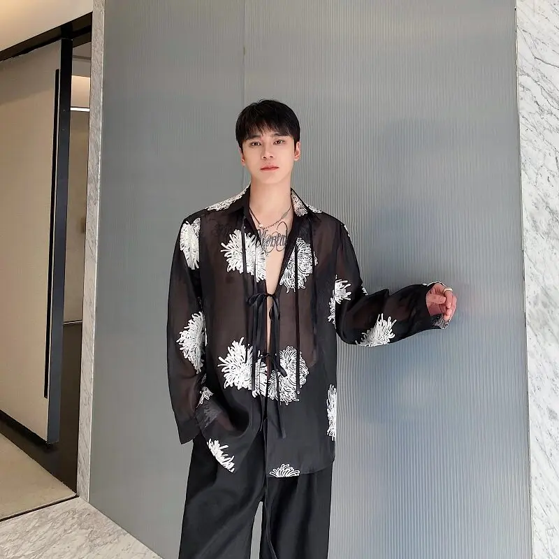 

Весенне-летняя мужская рубашка с вышивкой и цветочным узором, прозрачная, ажурная, с кружевом и поясом, солнцезащитная верхняя одежда, кардиган с длинными рукавами