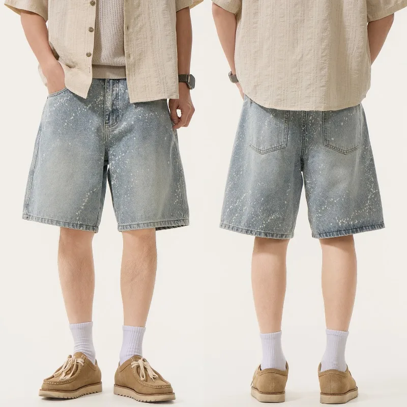 

Men's Japanese Streetwear Splatter Print Denim Shorts Jeans Wide Leg Vintage 2026 Summer Loose Casual Five-Point Shorts