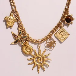 Elegant Vintage 18k Gold Plated Stainless Steel Waterproof Pendant Necklace Natural Stone Turtle Shell Charms Jewelry For Women