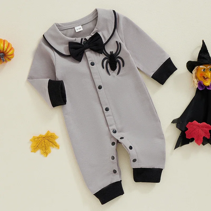 SUNSIOM 0-18 Months Baby Boy Halloween Romper Spider Embroidered Bow Tie Long Sleeve Lapel Neck Button-up Fall Jumpsuits