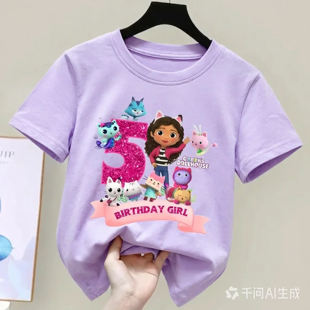 Gabbys Dollhouses Geburtstags-T-Shirt für Mädchen, weiß, rosa, kurzärmelig, Oberteile, Baumwolle, Sommer, Freizeit, Partyartikel, T-Shirt. – Detail 10