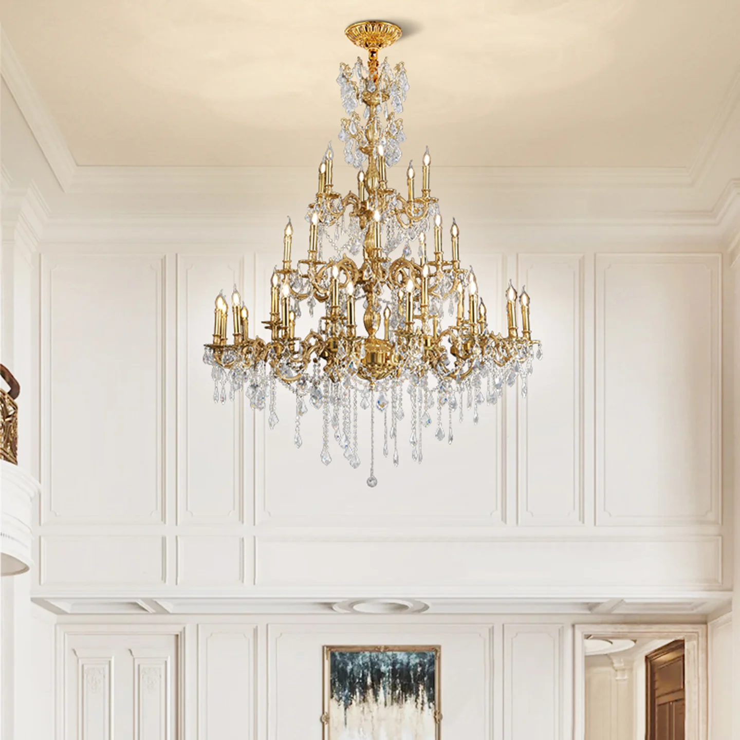 European Neo Classic Luxury Crystal Tassel Villa Apartment Indoor Big Chandelier Duplex Living Room Brass Pendant Lamp