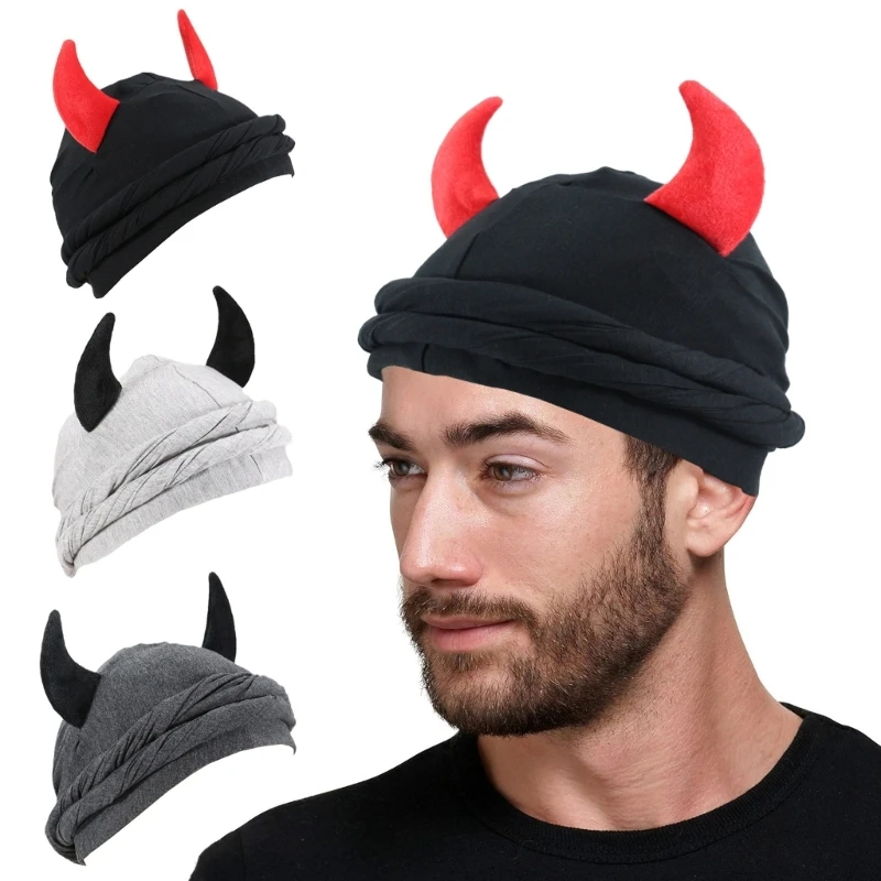 Breathable Skull Hat with Horn Moisture Wicking Durag for Outdoor Activity Adjustable Head Wrap Breathable Scarves