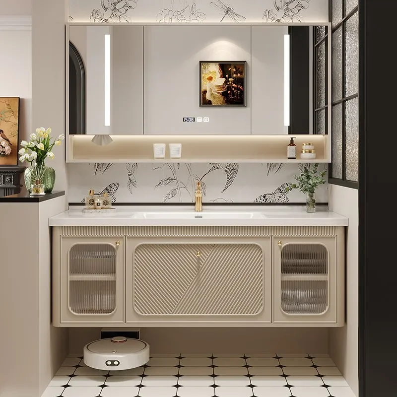 French retro bathroom cabinet combination oak rock slab seamless ceramic integrated basin toilet hand washbasin washstand