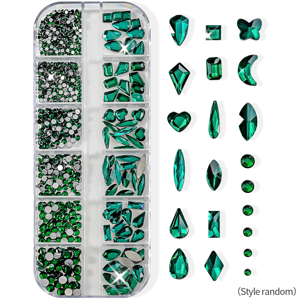 1000 قطعة ++ عيد الميلاد الفاخرة الأخضر مسمار الفن حجر الراين SS4-SS6 مختلط الأخضر مسمار الماس متعدد الشكل + جولة كريستال مجوهرات أظافر