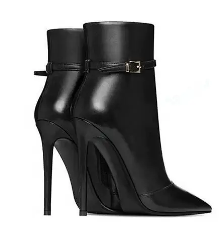 Drop Shipping Black Matte Leather Pointed Toe Small Buckle Stiletto Ankle Boots Women Fashion Thin Heels Modern Short Booties