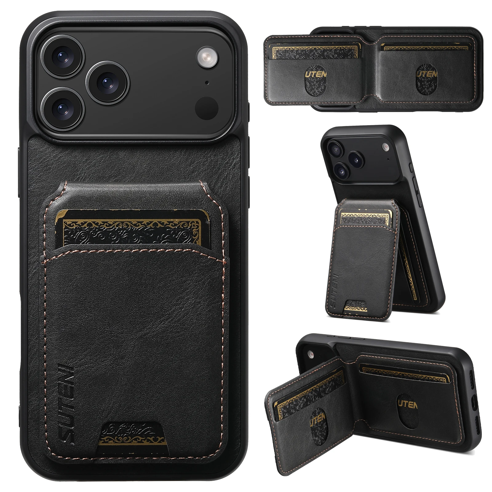 SUTENI Luxus Kunstleder Handyhülle mit glatter Oberfläche, Kartenhalter und Ständer für iPhone 17 Pro Max 17 Air 16 Plus 15 14 13 12 – Detail 5