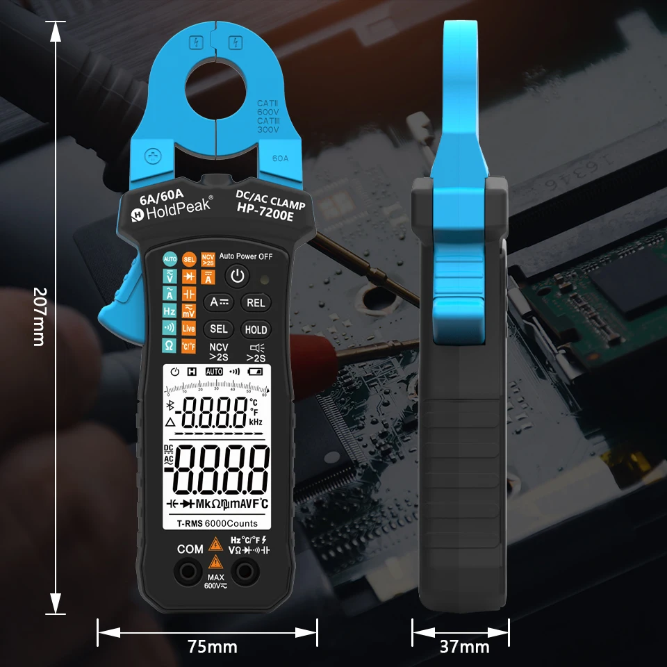Auto-select & Auto-range 6A/60A TRUE-RMS DIGITAL DC/AC CLAMP METER DC & AC voltage, DC & AC current, resistance HP-7200E