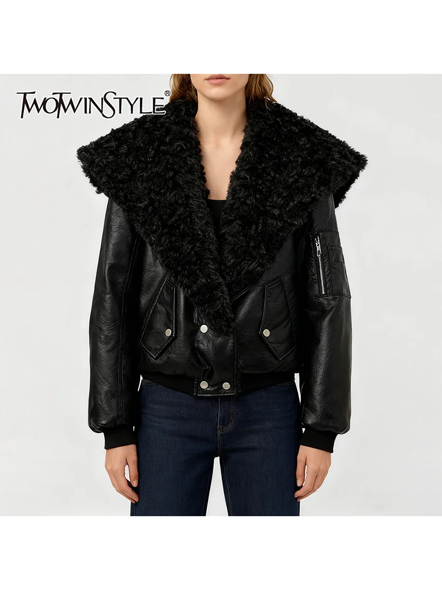 

TWOTWINSTYLE Loose Spliced Pockets Fashion Leather Jackets for Women Lapel Long Sleeves Patchwork Flocking Jacket Female Clothes