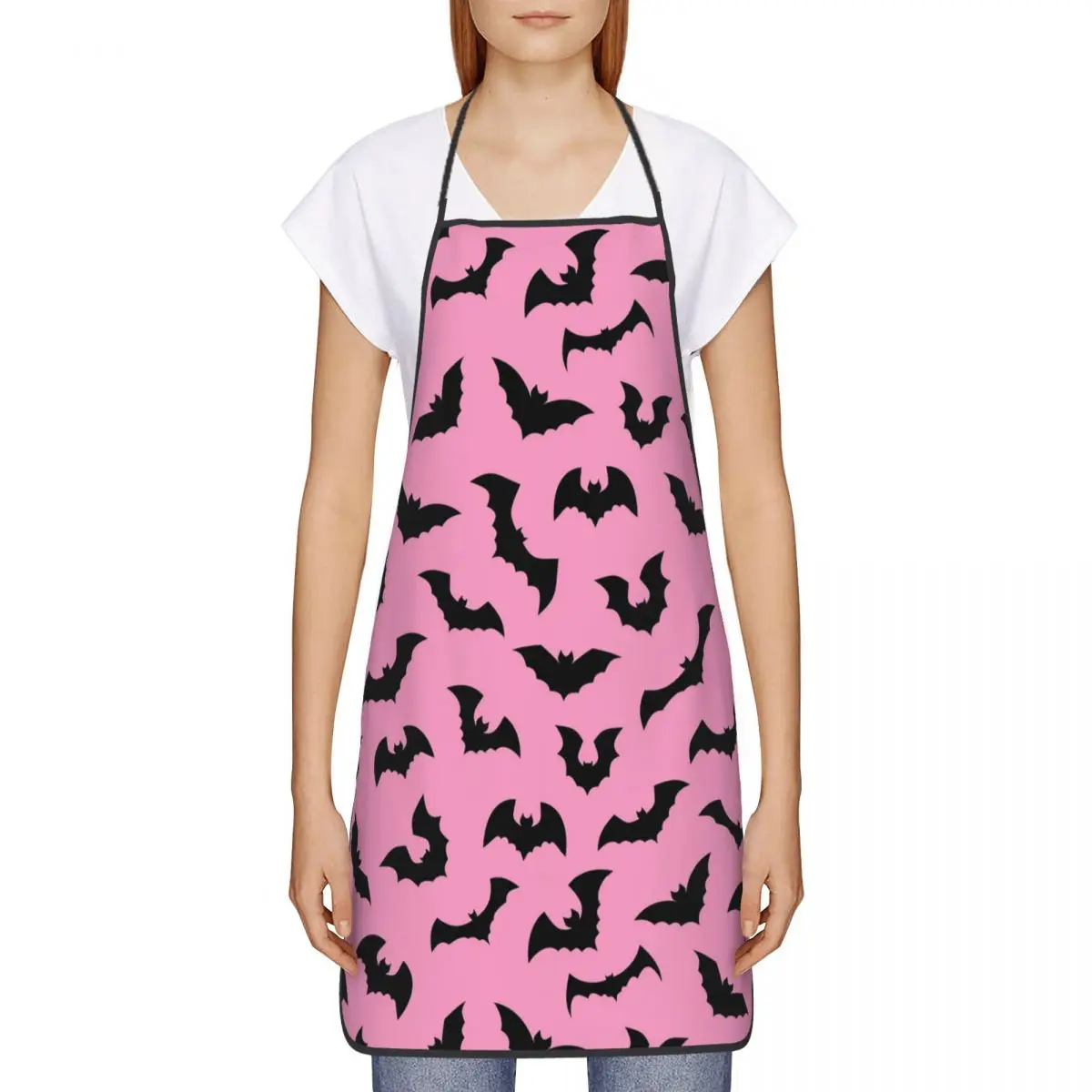 Custom Unisex Pink Goth Black Bats Bib Apron Adult Women Men Chef Tablier Cuisine for Kitchen Cooking Halloween Witch Gardening