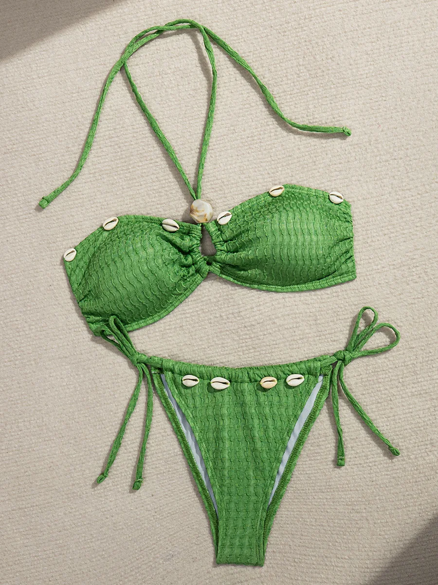 Wrinkled Hollow Out Halter Strappy Bikini Women Swimwear Female Swimsuit Two-pieces Bikini Set Bather Bathing Suit Swim Lady