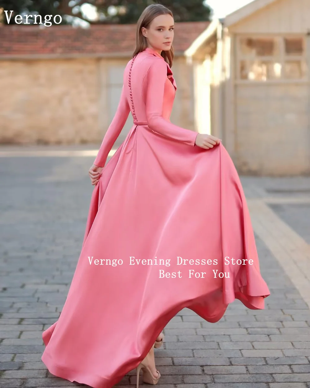 Verngo Pink Taffeta Prom Dress High Neck Full Sleeves A Line Formal Occasion Dress Women Elegant Party Gown Outfit Customized