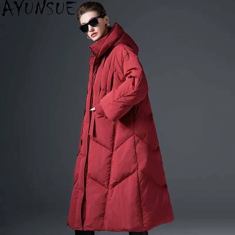 AYUNSUE White Duck Down Puffer Jacket Women 2024 Oversized Outerwears Long Down Coats Winter Warm Coat Womans Clothing Пуховики