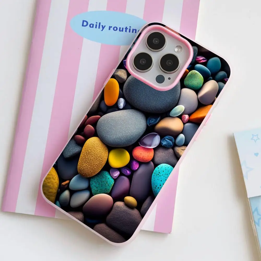 

Aesthetic Rock Stones Phone Case for iPhone 17 16 15 14 13 12 11 Air Pro Max Plus Jelly Double layer Pink Cover