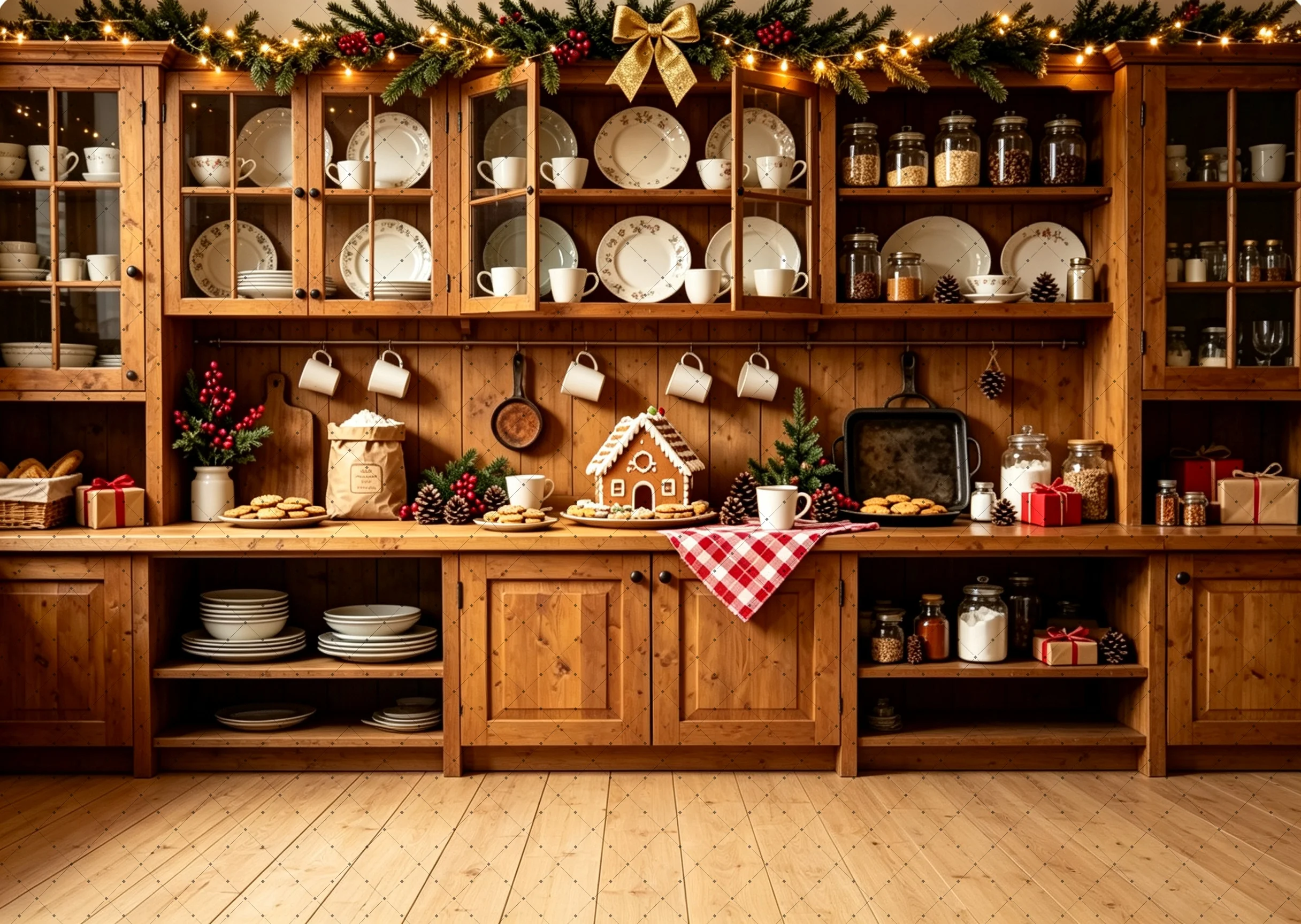 Christmas Bakery Kitchen Backdrop Photography Gingerbread Winter Wood Cabinet Wreath Background Kid Holiday Photo Studio