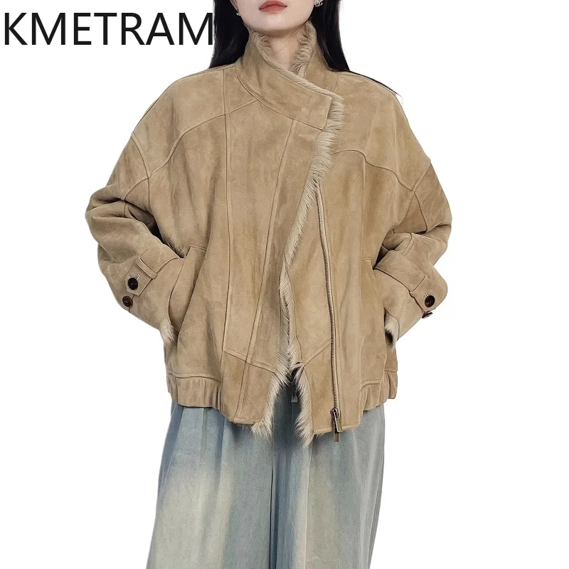 معطف KMETRAM من جلد الماعز الطبيعي مع معطف مرفق من الصوف سترة قصيرة غير رسمية من الفرو الحقيقي ملابس نسائية شتوية جديدة في معاطف شبابية نسائية #1