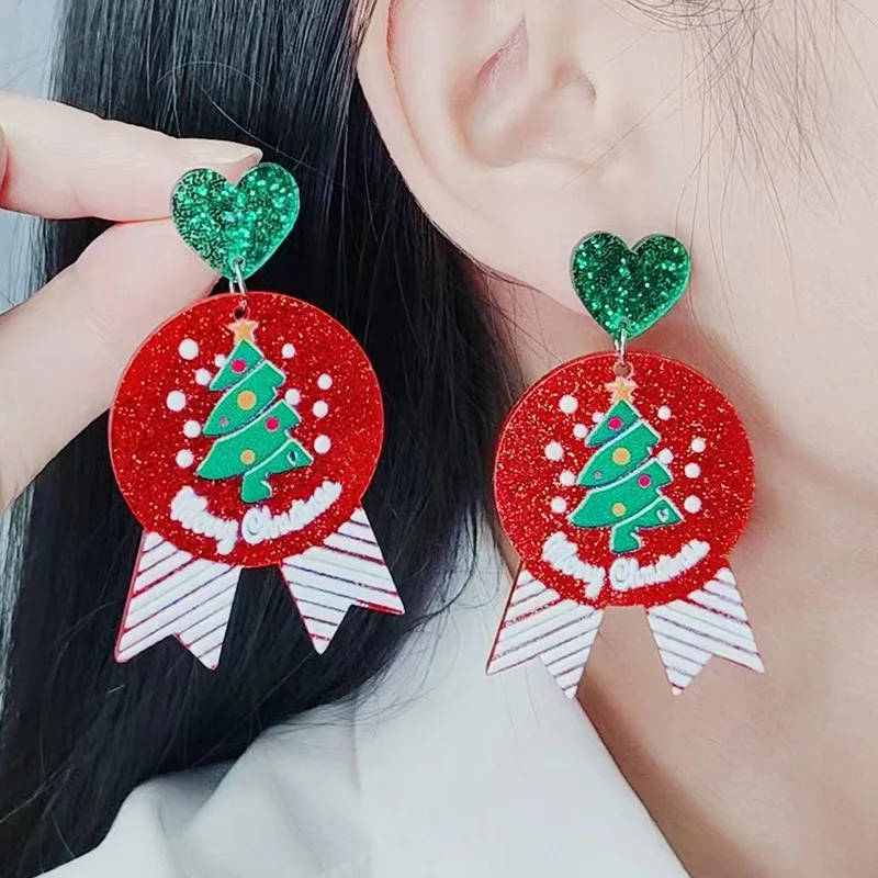 New Round Medal Christmas Earrings Christmas Tree Santa Claus Snowman Biscuit Gingerbread Man Snowman Christmas Hat Earrings