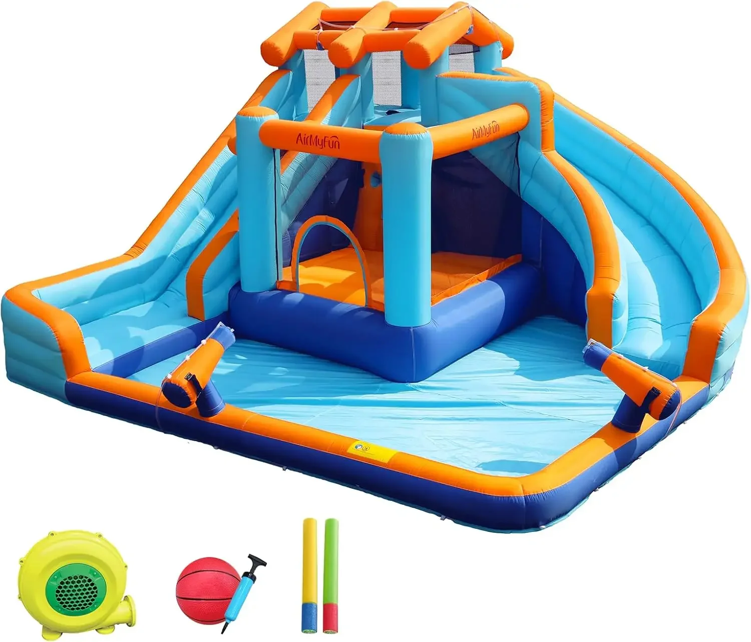 Casa de rebote con tobogán acuático para niños y adultos al aire libre con gran piscina de salpicaduras, castillo inflable con tobogán doble largo