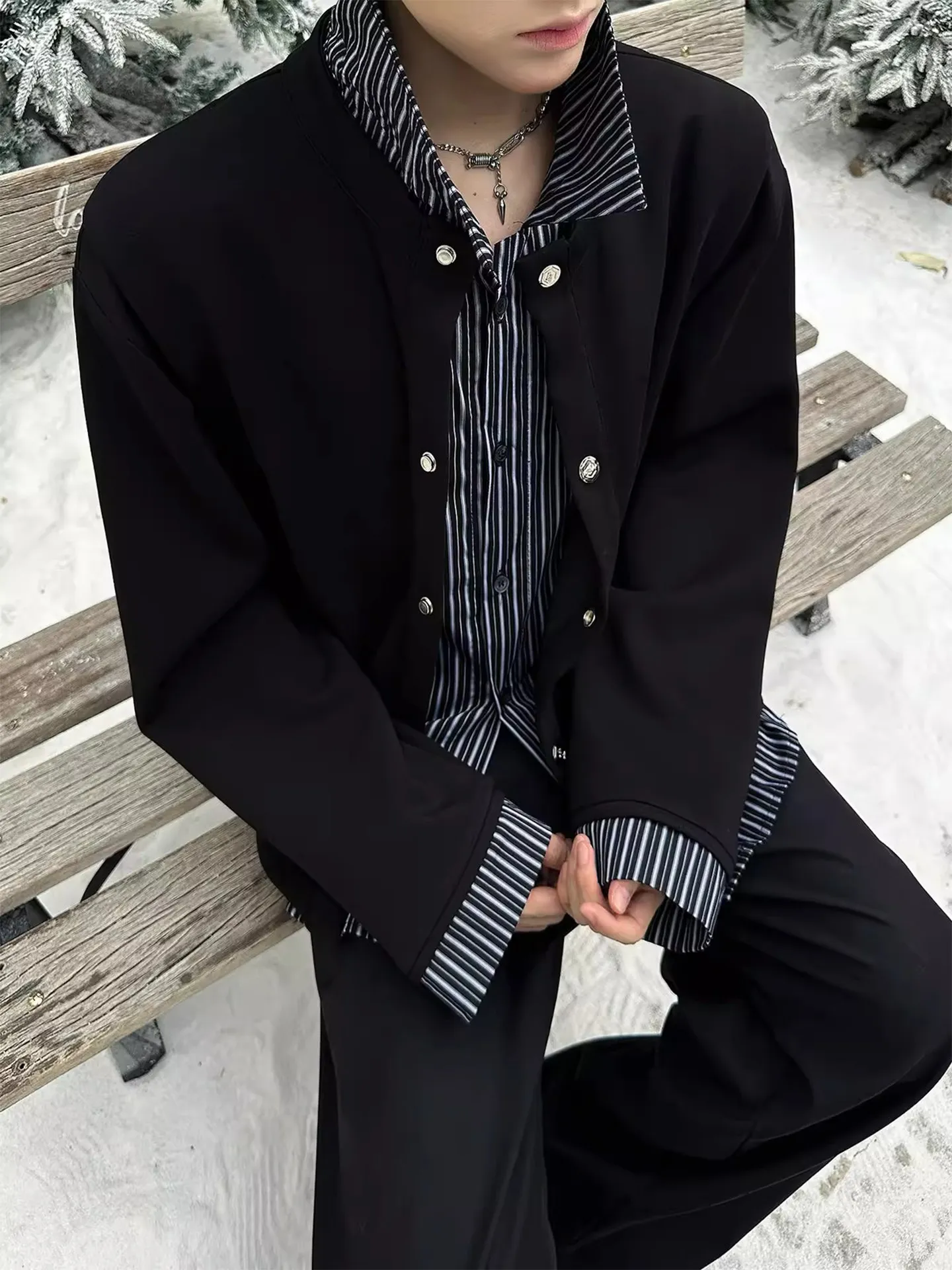 

Мужской полосатый кардиган-жакет в стиле пэчворк Bla, весна 2026, американский стиль Cleanfit, повседневное пальто с длинными рукавами для тепла