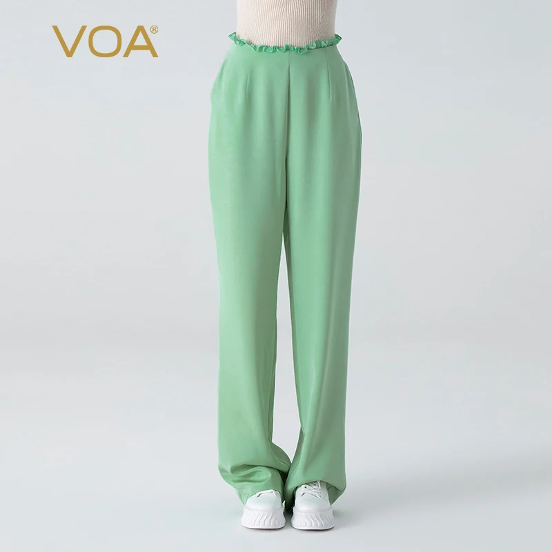 

36 Momme Elastic Heavy Crepe Silk Emerald Green Ear Elastic Waist Trousers Pocket Versatile Commuter Straight Pants KE877