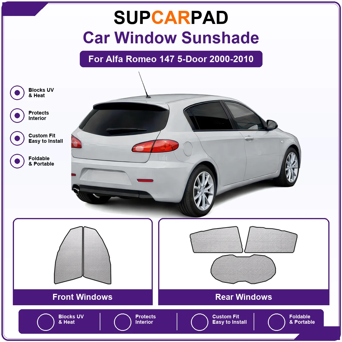 For Alfa Romeo 147 5-Door 2000-2010 Pre‑Cut Auto Window Sunshade Anti‑UV Car Sun Visor Protector