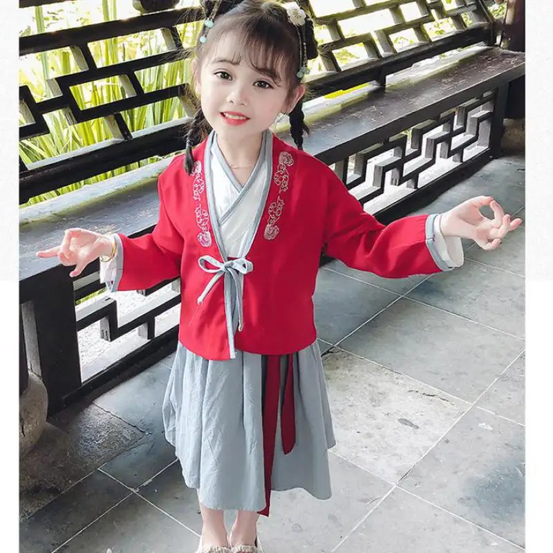 

New Girl Retro Red Chinese Style Ancient Embroidery Hanfu Sweet Lovely Princess Skirt Party Evening Performance Dress Vestido