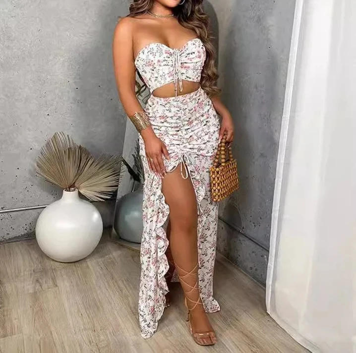 

Комплекты из двух предметов с принтом, женское летнее сексуальное плиссированное платье с рюшами по краям и жилет без рукавов, костюм для женщин, новая уличная одежда