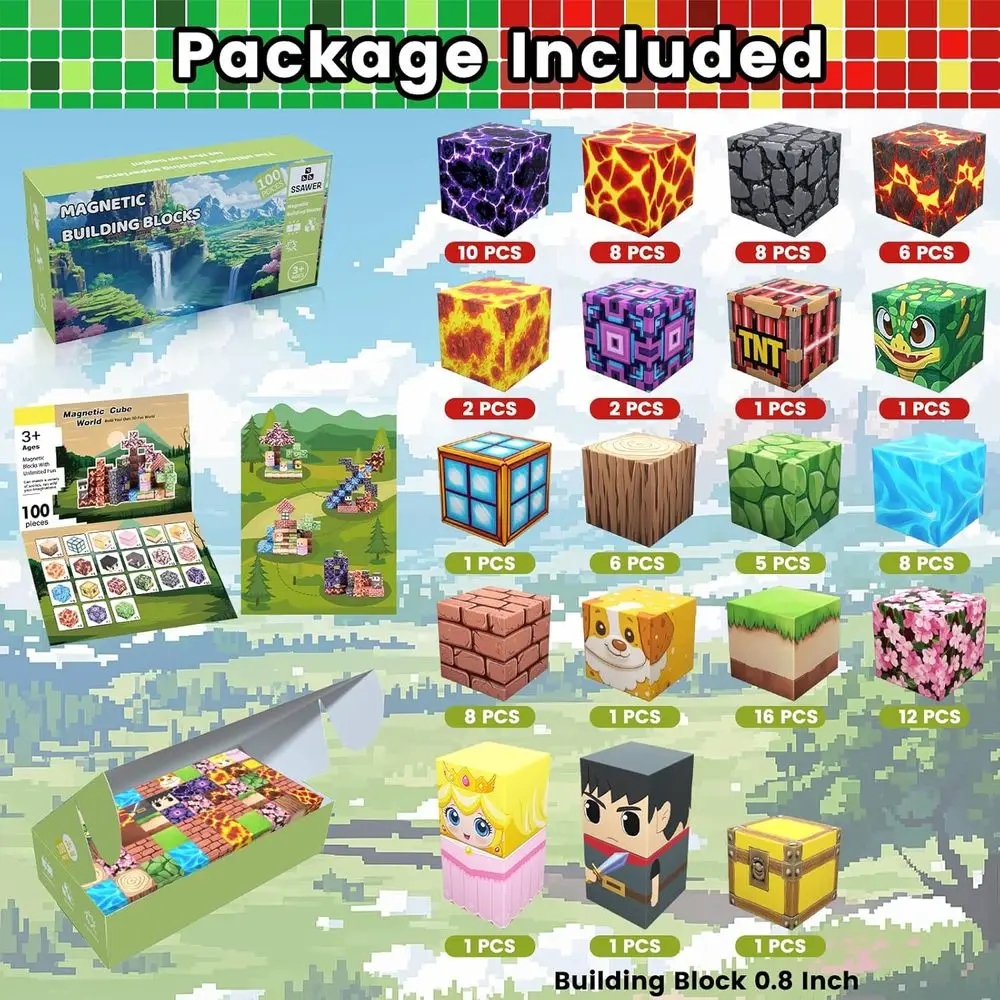 100피스 자석 블록 세트, 3세 이상 어린이를 위한 교육용 STEM 장난감, 남아 및 여아를 위한 이상적인 선물 (숲의 검)