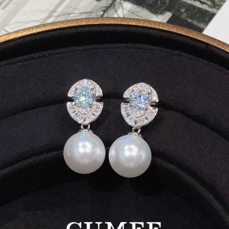 CUMEE Two-wear Design Touching Artificial Light Blue Gemstones with Bead Simulated Pearls Earrings. 925 Silver-plated Gold