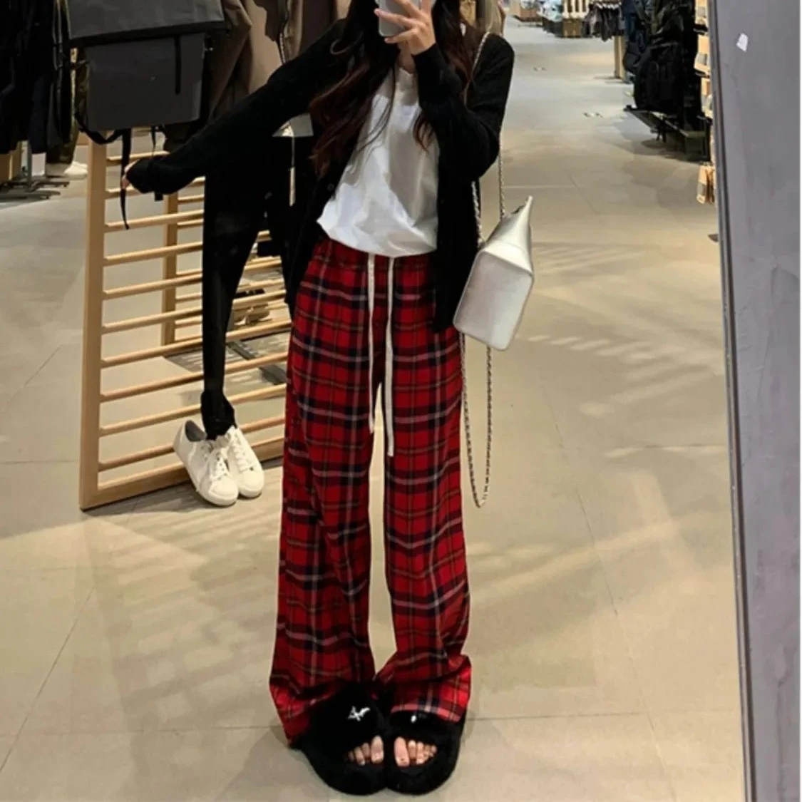 

2024 Women Spring Autumn New Plaid Wide-leg Pants Female Korean High Waist Straight Pant Ladies Loose Casual Trousers T673